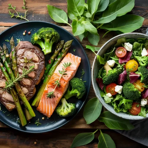 A mouthwatering flat lay showcasing a variety of colorful and appetizing low-carb dishes, such as a steak with asparagus, a salmon fillet with broccoli, and a keto salad.