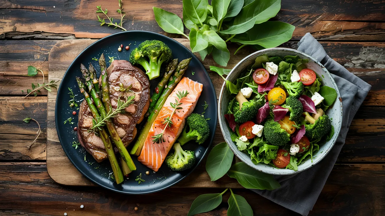A mouthwatering flat lay showcasing a variety of colorful and appetizing low-carb dishes, such as a steak with asparagus, a salmon fillet with broccoli, and a keto salad.