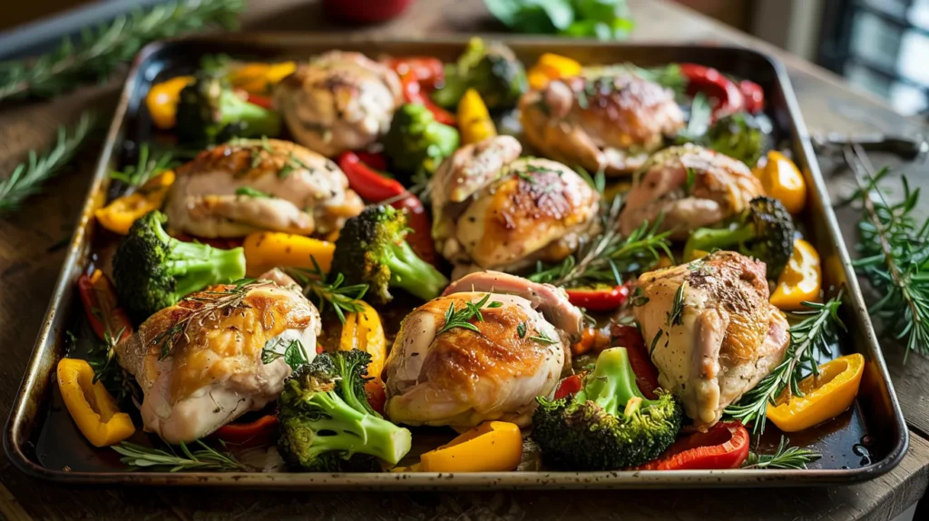 A sheet pan filled with roasted chicken pieces, broccoli florets, and bell pepper chunks, seasoned with herbs and spices