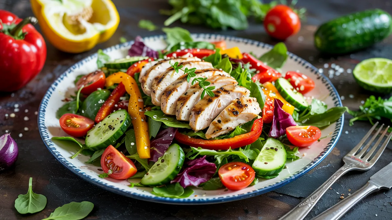salad—packed with grilled chicken or salmon, fresh veggies, and healthy fats