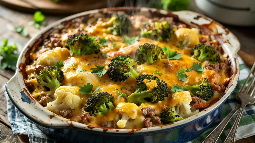 A cheesy baked casserole with visible layers of meat, vegetables like broccoli and cauliflower, and a creamy sauce