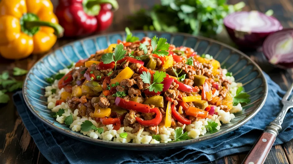Ground beef or turkey sautéed with onions, bell peppers, and spices, perhaps served over cauliflower rice