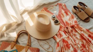 Flat lay of summer wardrobe essentials including a straw hat, floral dress, sandals, and sunglasses styled for a chic seasonal look