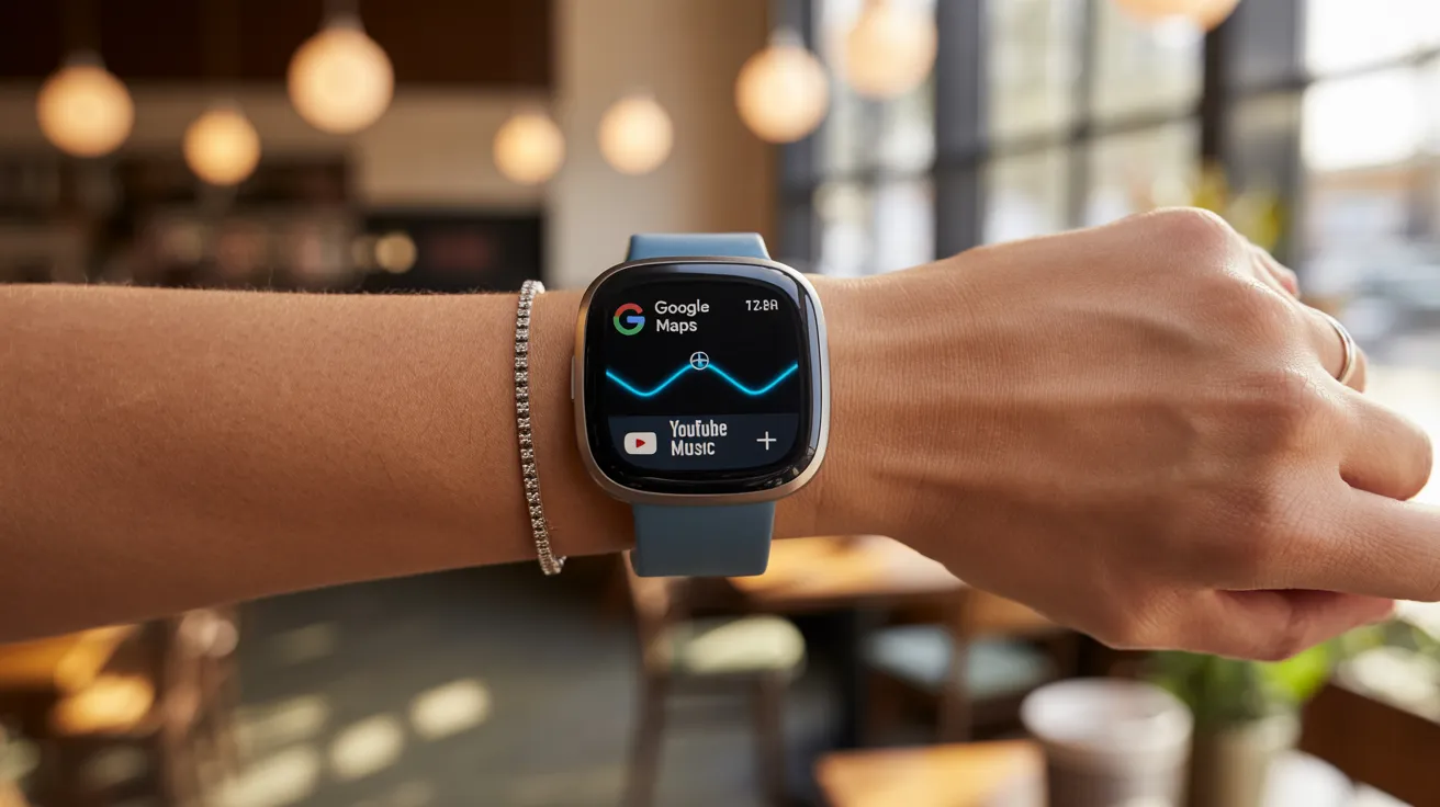A Fitbit Charge 6 on a wrist, showcasing its sleek design and integration with Google Maps and YouTube Music controls