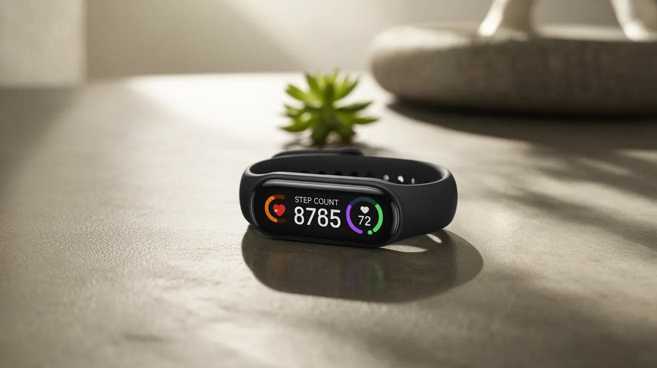 A Xiaomi Mi Band 9 (or a similar budget-friendly tracker) showcasing its color display and basic fitness metrics