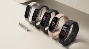 A sleek collage showcasing several different models of top-rated fitness trackers, highlighting their displays and stylish designs.