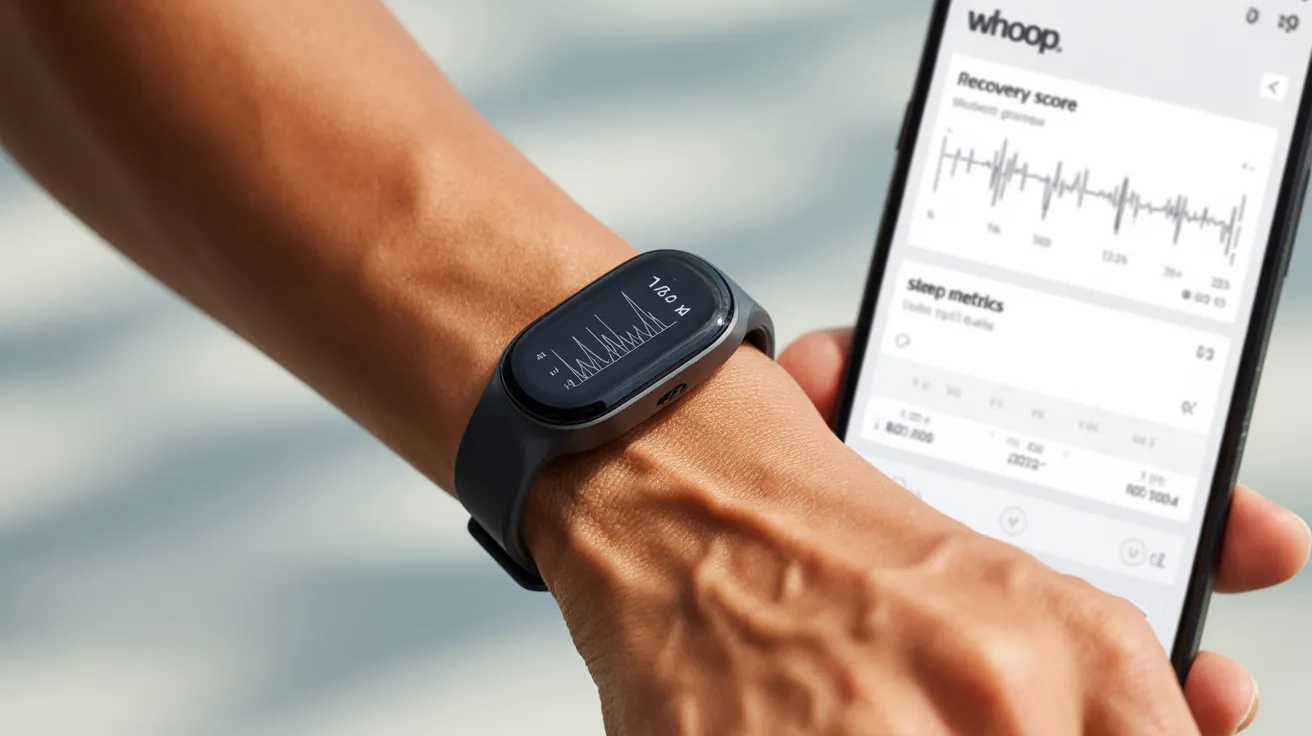 A Whoop 4.0 strap on a wrist, emphasizing its minimalist design and the accompanying app displaying recovery metrics